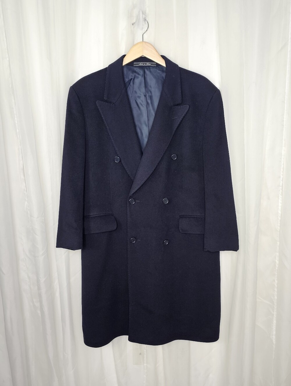 Vintage Movimento Italian Dark Navy Blue Double-Breasted Overcoat